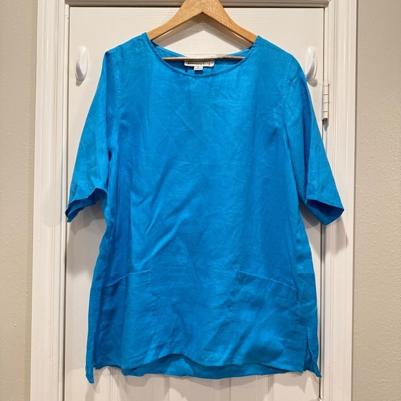 Vtg Caroline Rose 100% Linen Tunic Blouse Women’s L Teal Blue Pockets Lagenlook - Picture 1 of 10